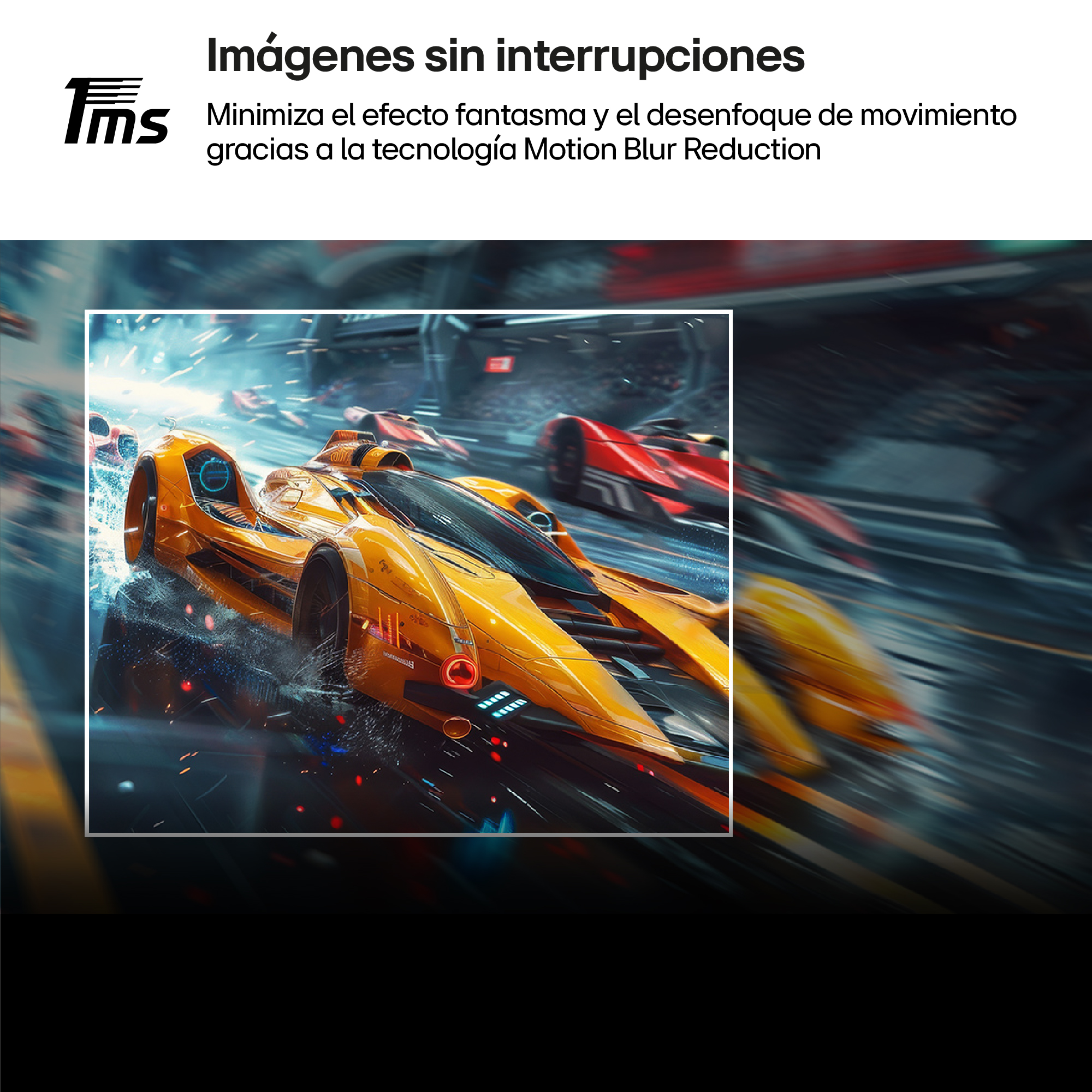 Un coche de carreras amarillo corre rápido en una pista con coches rojos.