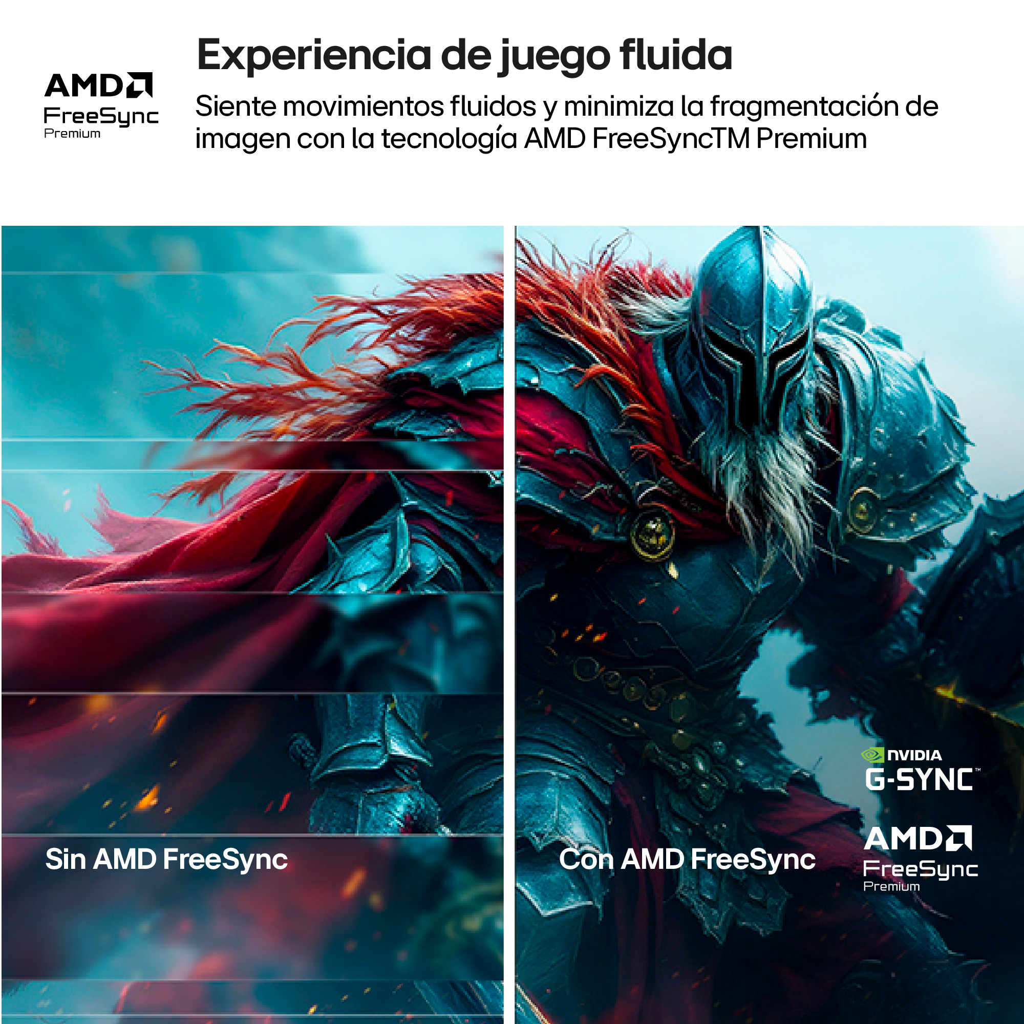 Un caballero con armadura y capa roja. Lado izquierdo sin, lado derecho con AMD FreeSync.