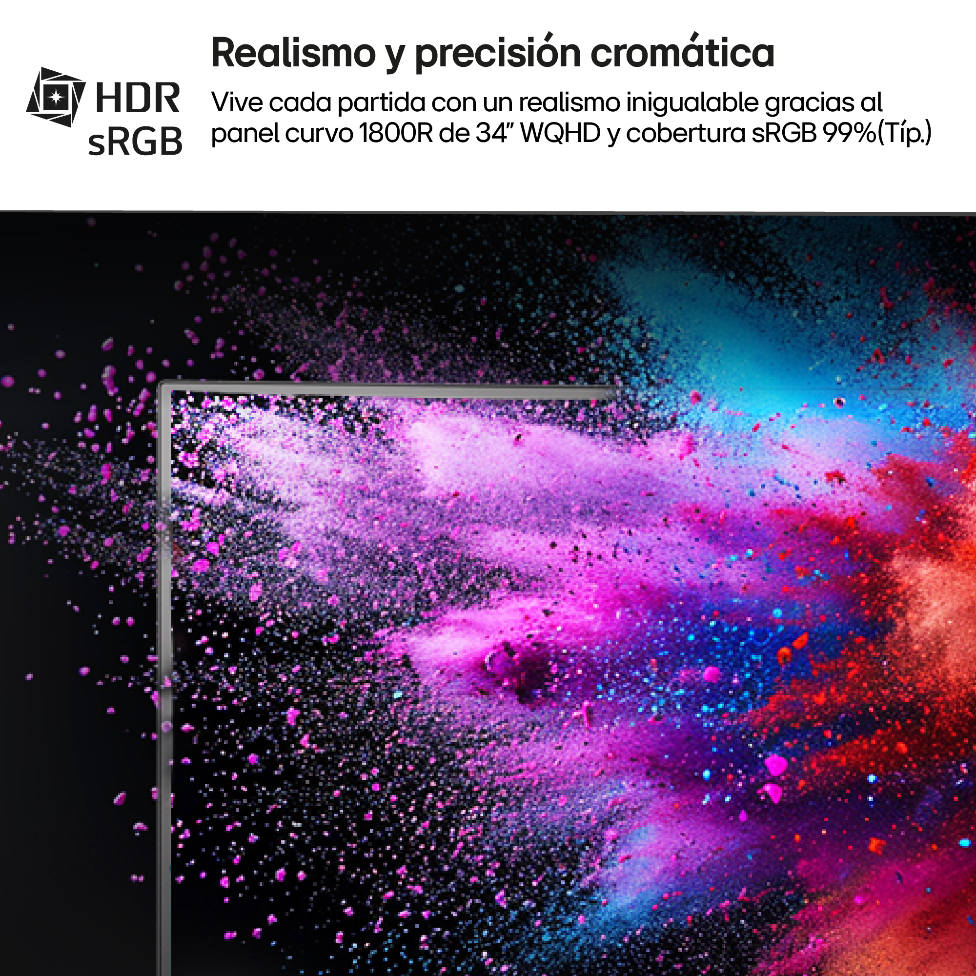 Un monitor con HDR y sRGB muestra una explosión de partículas rosas, azules y rojas.