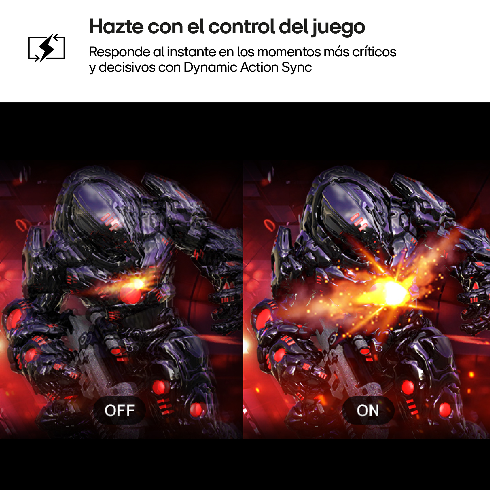Robot negro, brillante de ciencia ficción con luces rojas, mostrado APAGADO y ENCENDIDO.