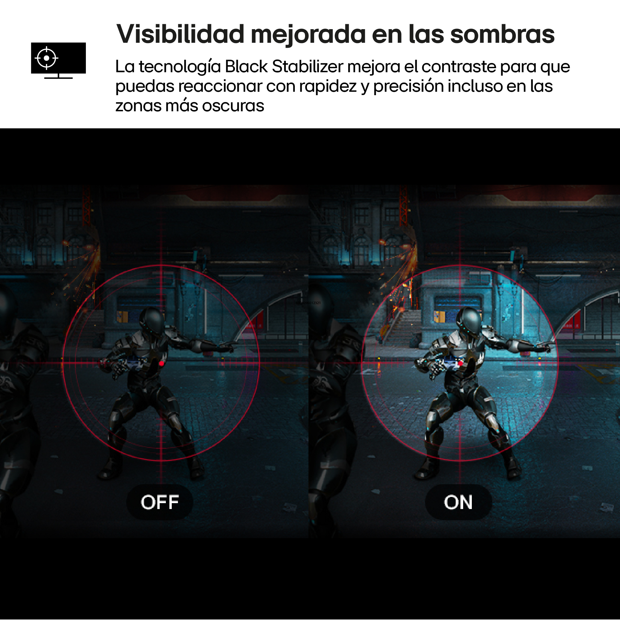 Dos escenas de videojuego con un soldado, izquierda apagado, derecha encendido.