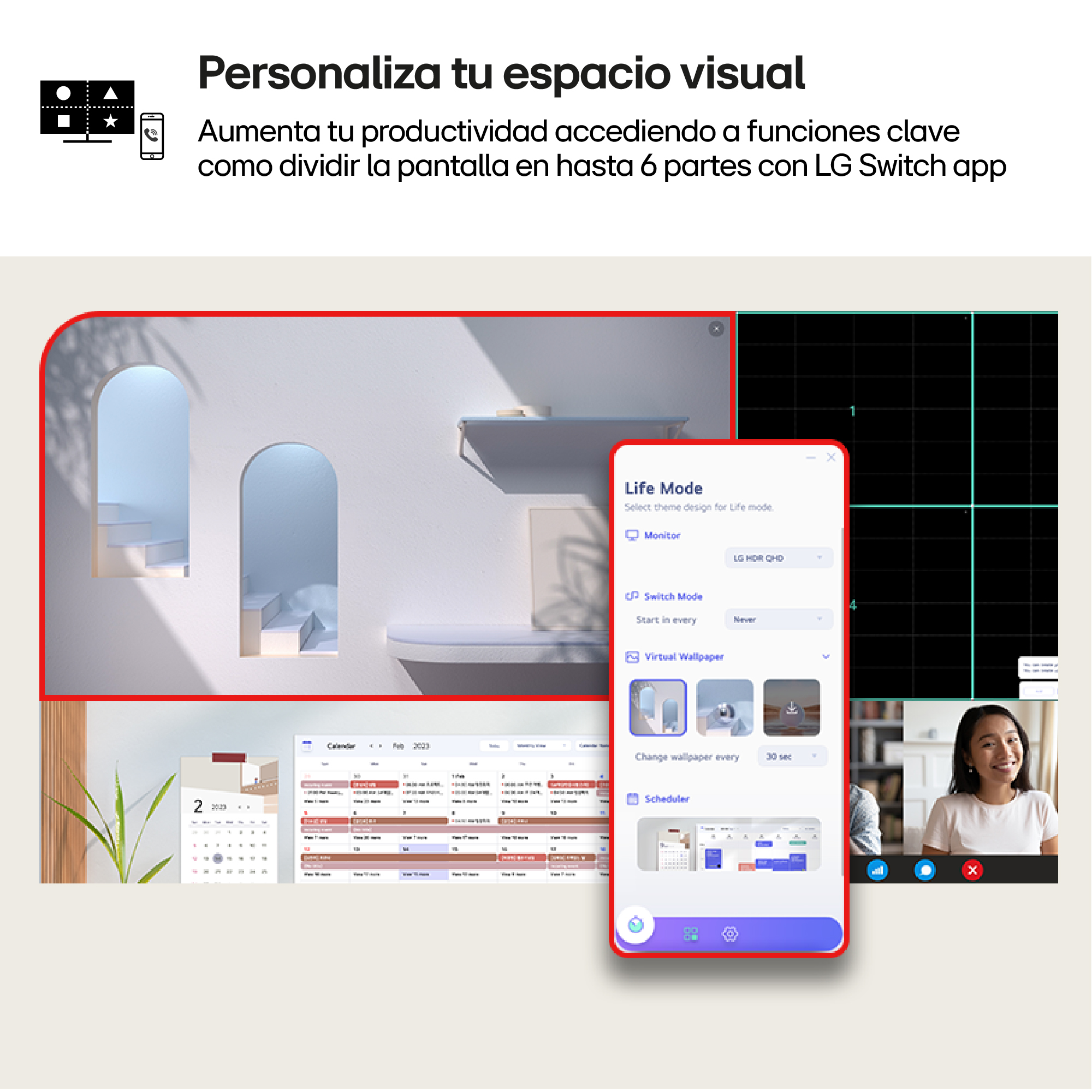 App LG Switch: Monitor con calendario, fondo virtual y videoconferencia.