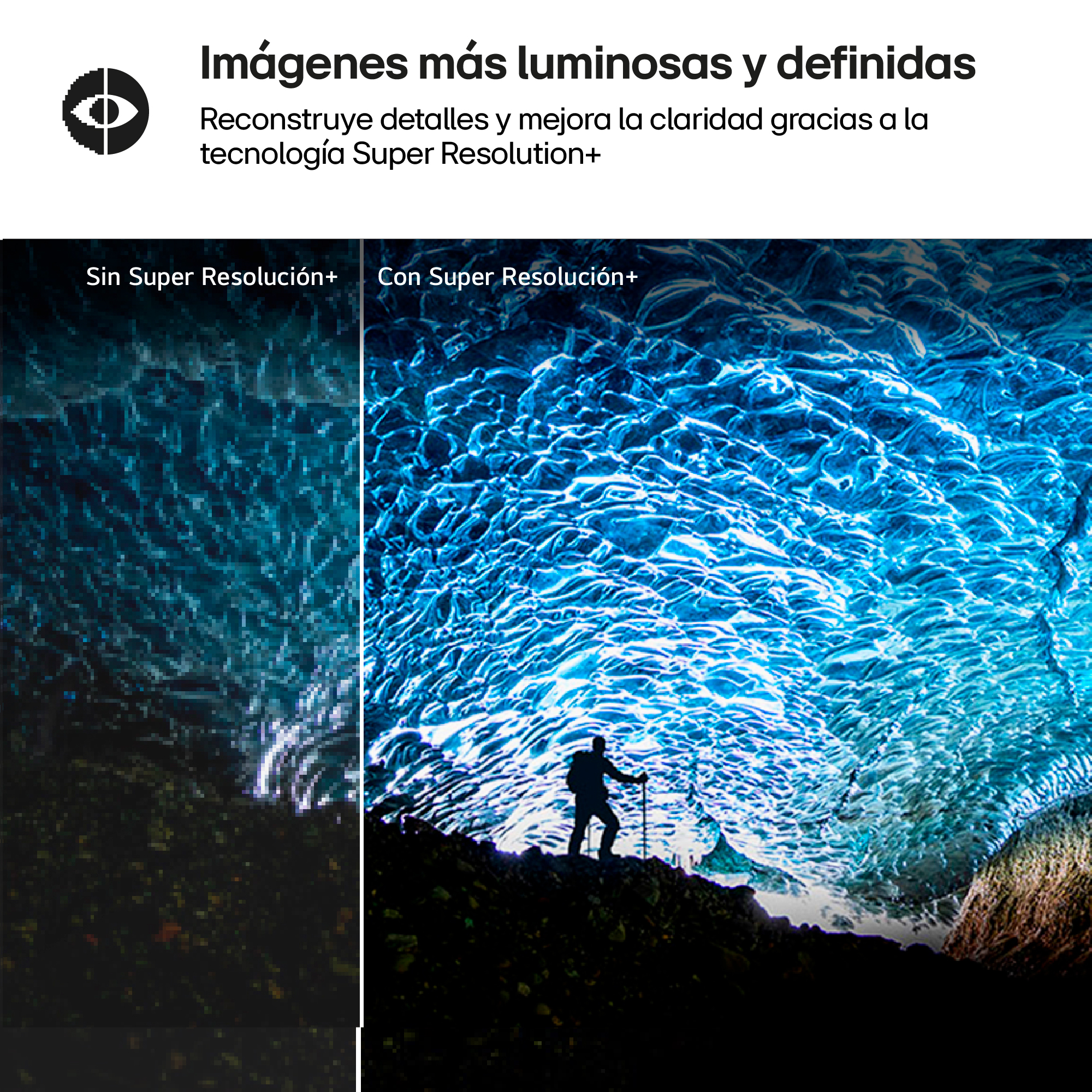 Comparación de una cueva de hielo borrosa y otra nítida con un excursionista.