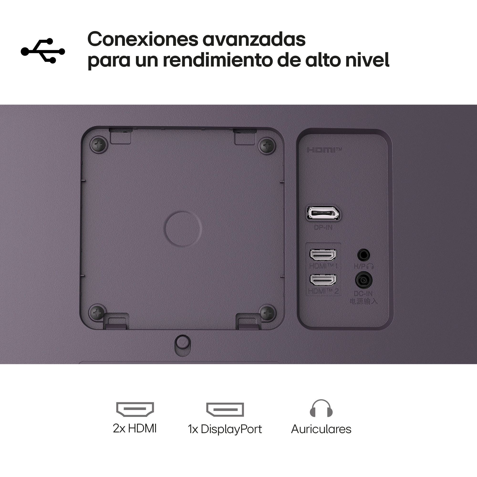 Panel trasero con conexiones: 2x HDMI, 1x DisplayPort, toma de auriculares, USB.