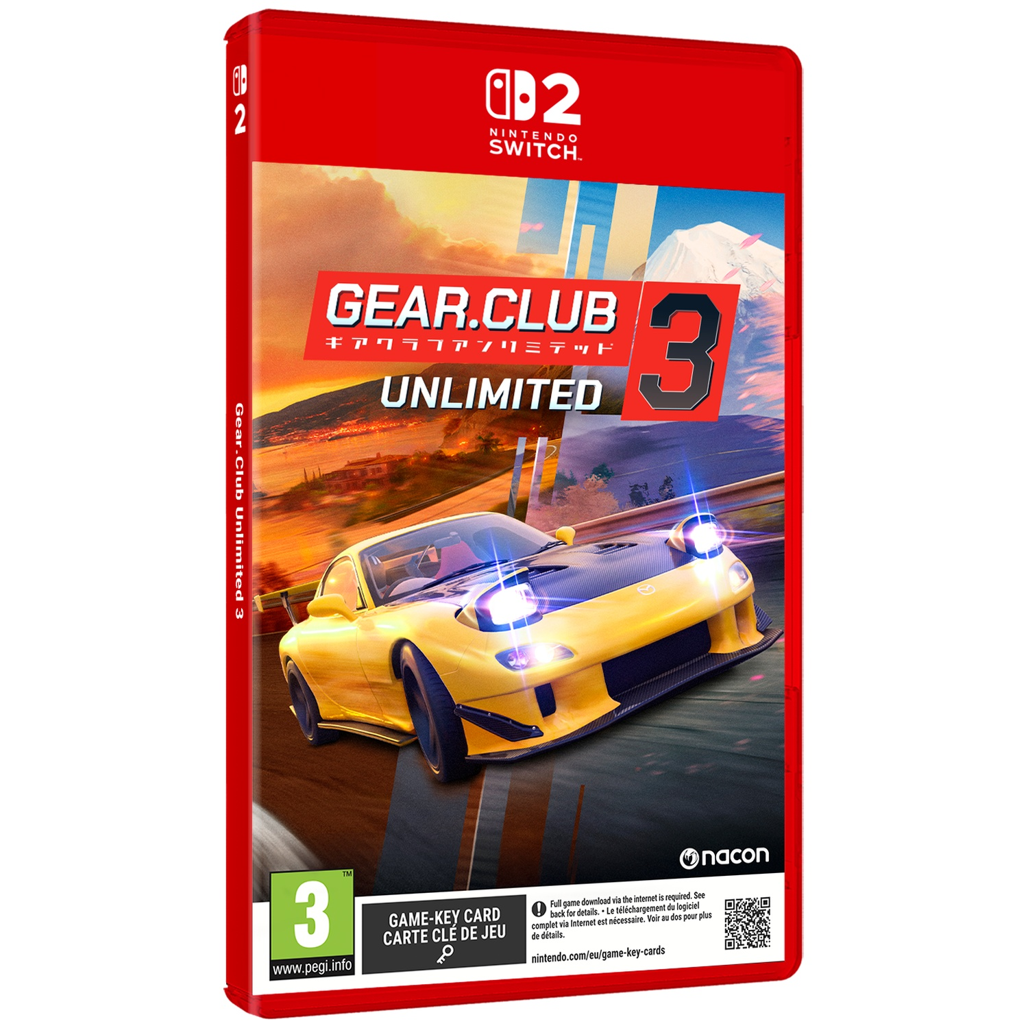 Verpakking van het spel Gear.Club Unlimited 3 voor Nintendo Switch met een gele sportwagen.