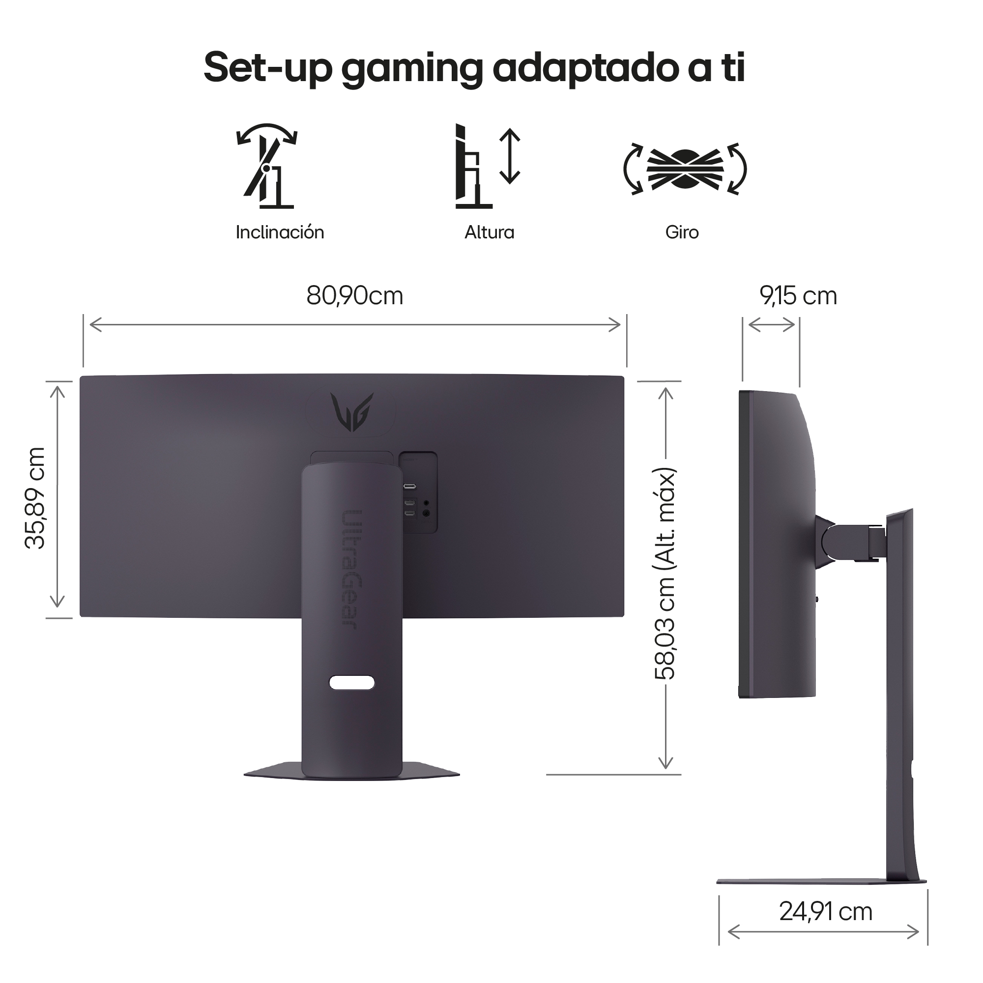 Dimensiones de un monitor gris con soporte. Se indican inclinación, altura y giro.