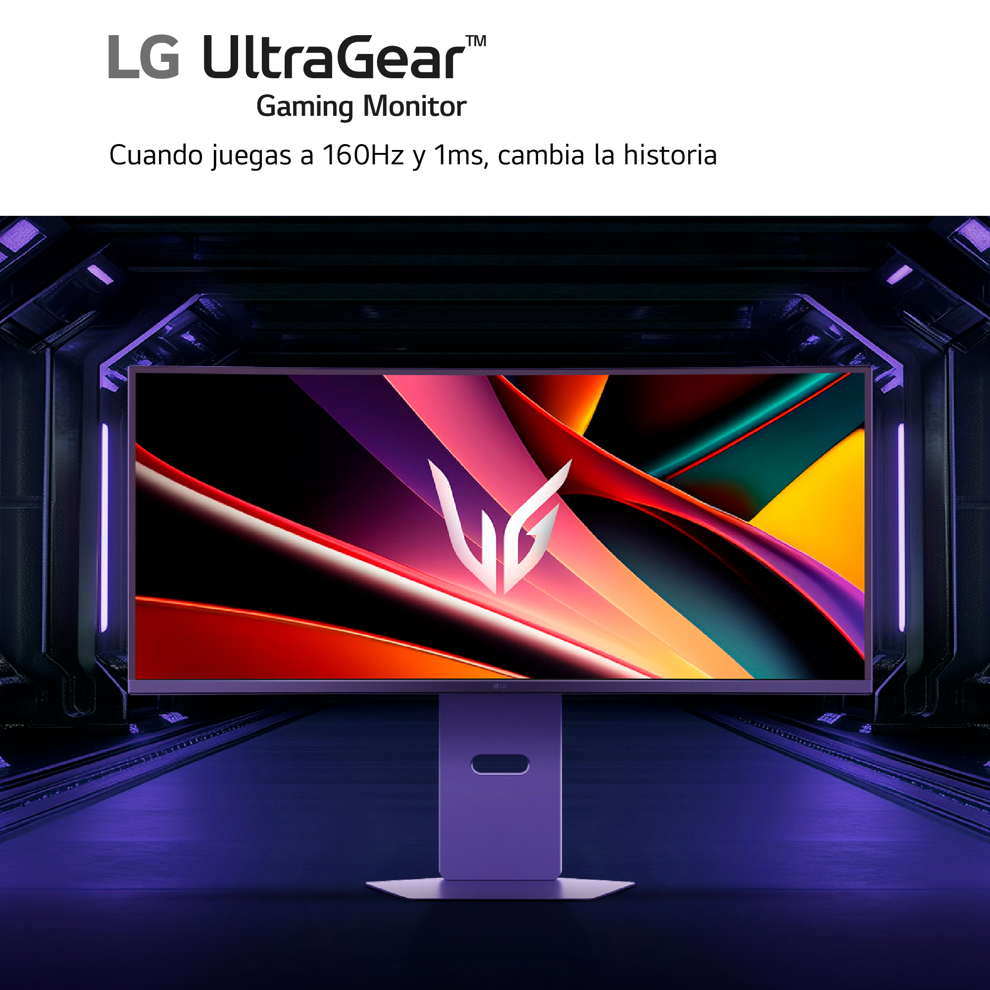 Un monitor gaming LG UltraGear con fondo abstracto y colorido en una sala oscura.