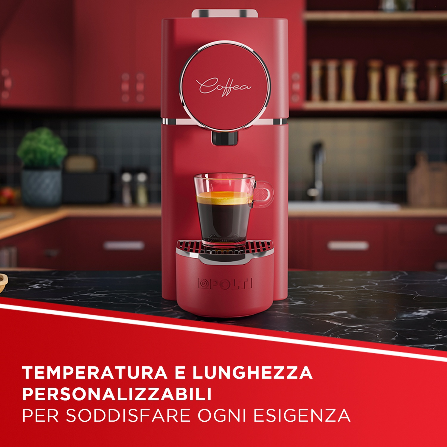 Macchina da caffè rossa con espresso in tazza, arredo cucina.