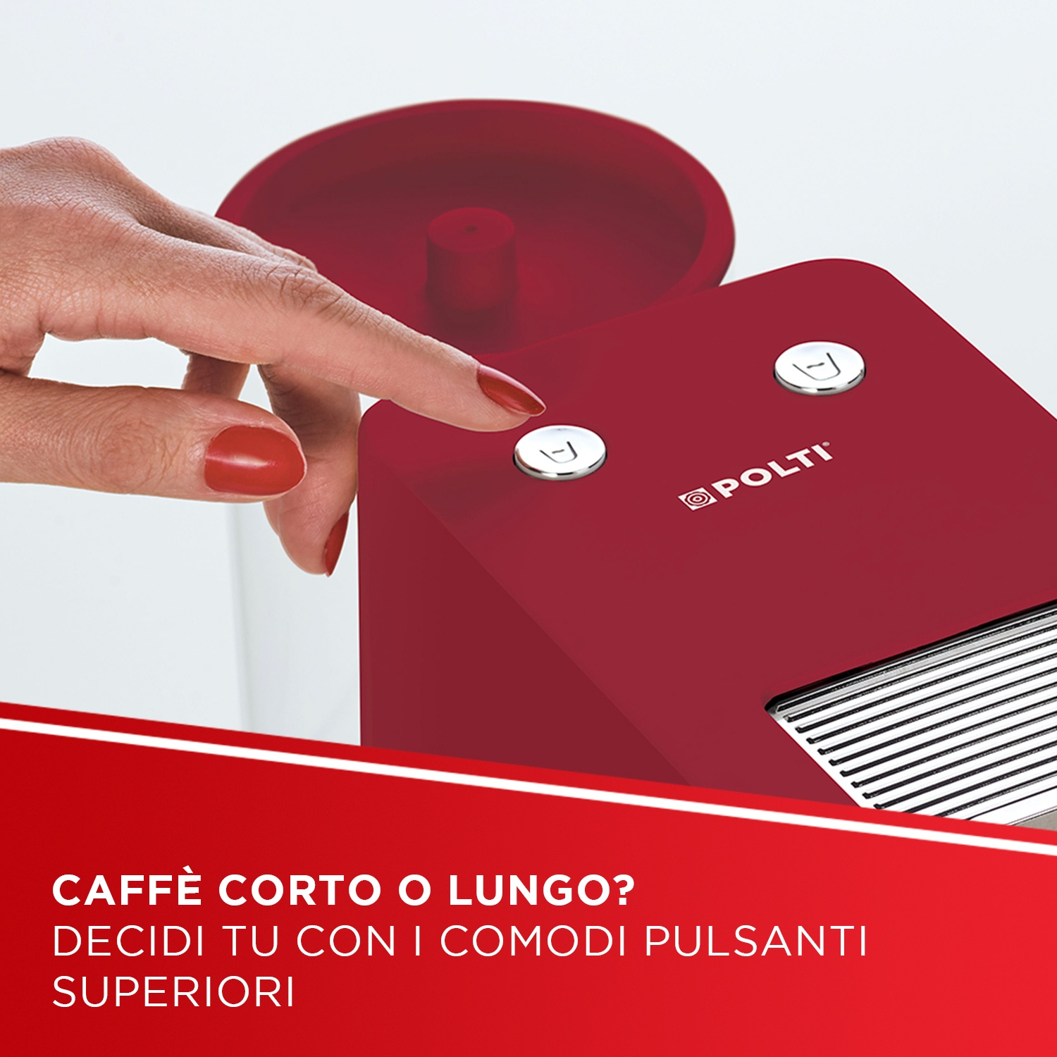 Macchina da caffè rossa con due pulsanti, una mano ne preme uno.
