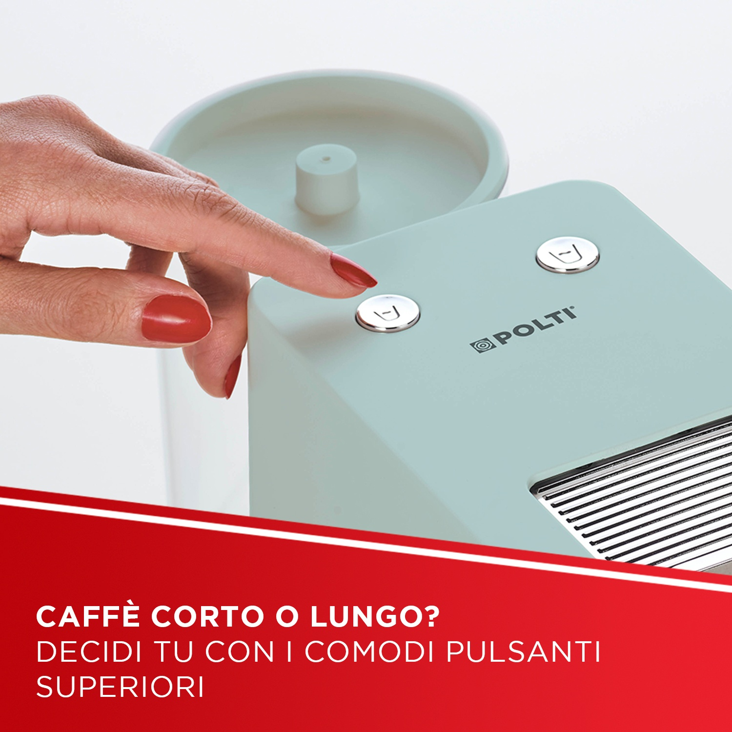 Una mano con unghie rosse preme un pulsante su una macchina da caffè verde menta.
