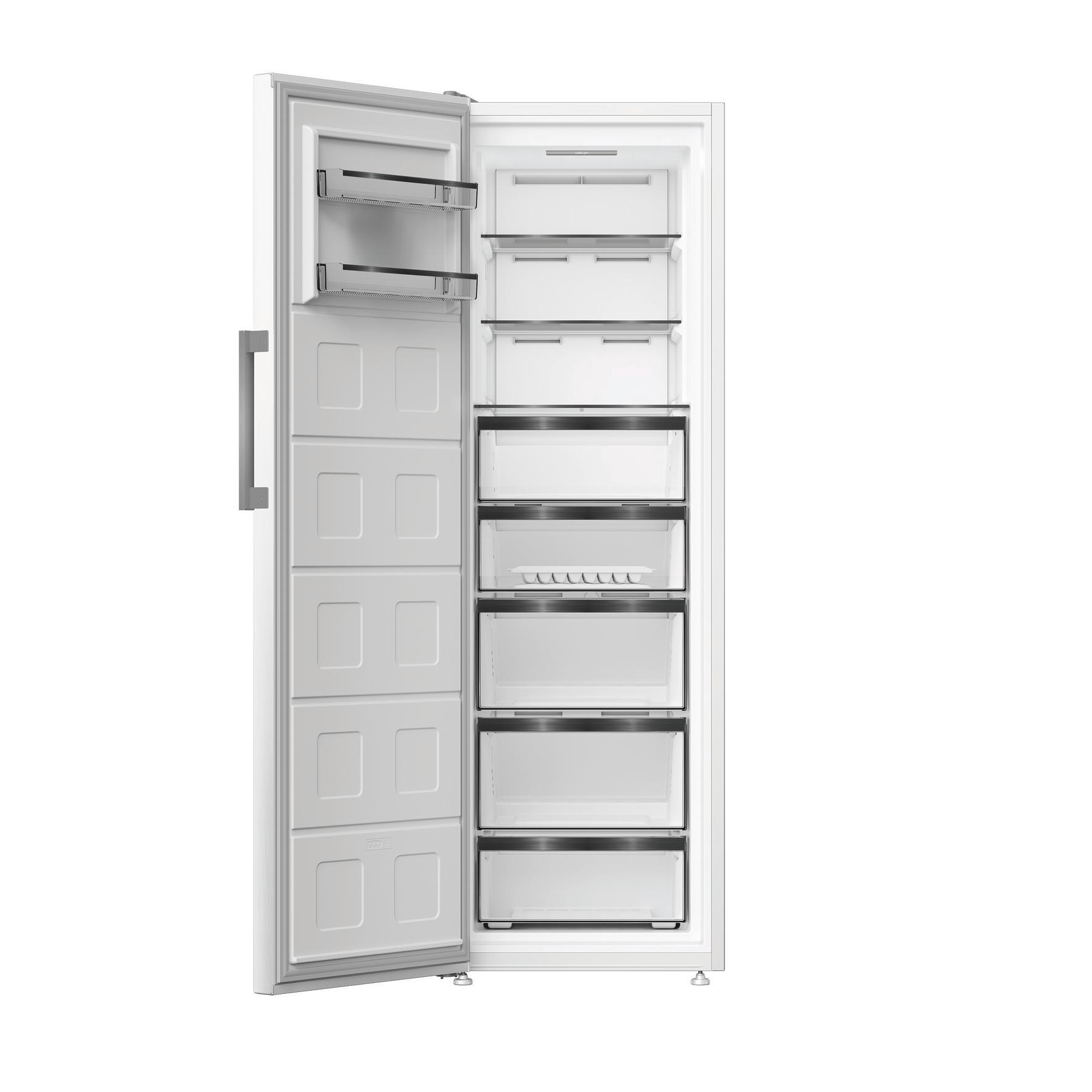 Ein weißer Kühlschrank mit offener Tür, innen leer, mit Schubladen.