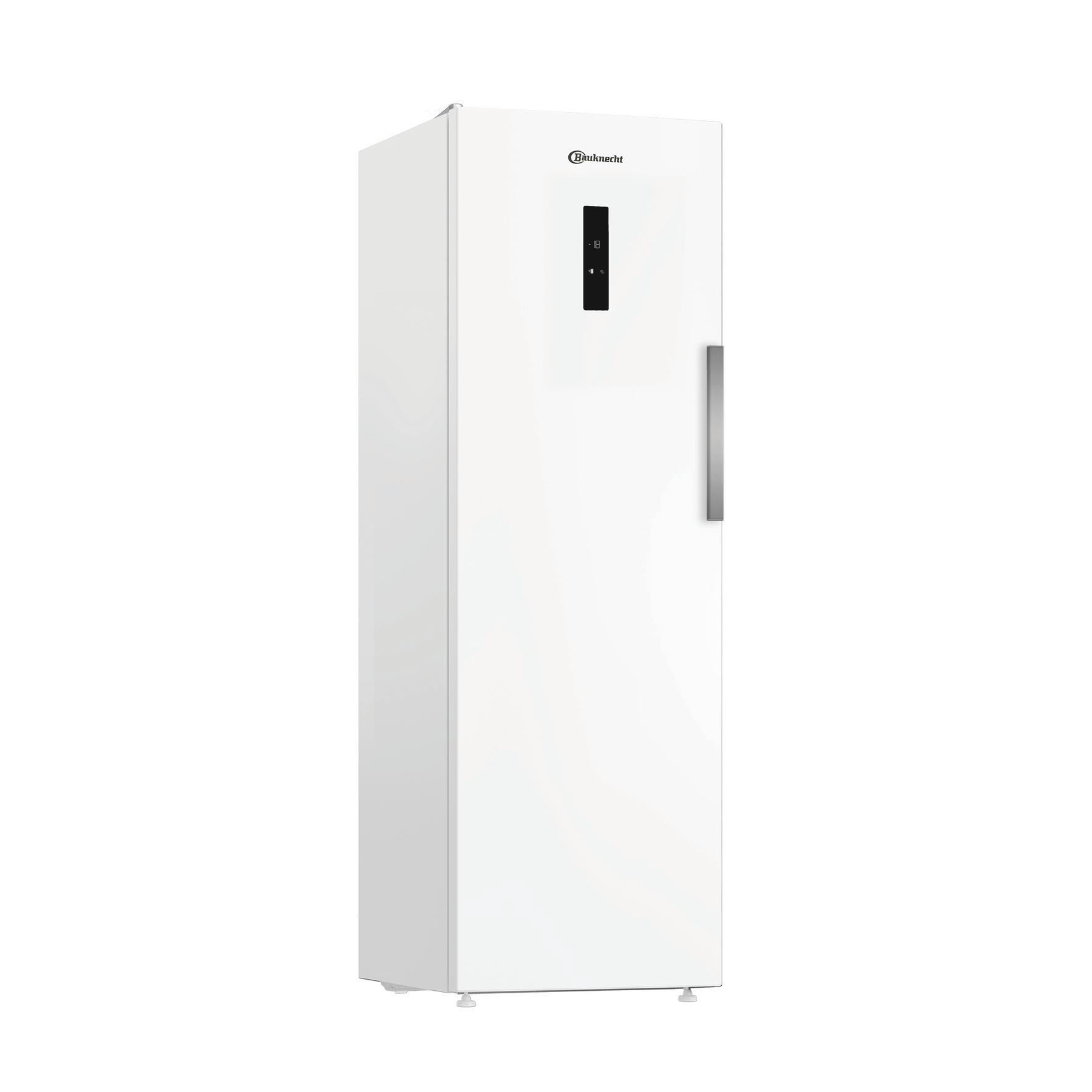 Ein schlanker, weißer Gefrierschrank mit silbernem Griff und schwarzem Display.