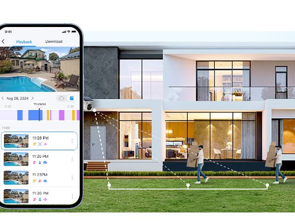 Telefon zeigt Sicherheitsaufnahmen von Haus, Pool und Garten. Zwei Männer tragen Kisten nahe modernem Haus.
