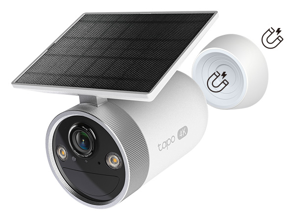 Weiße Überwachungskamera mit Solarpanel und magnetischer Halterung.