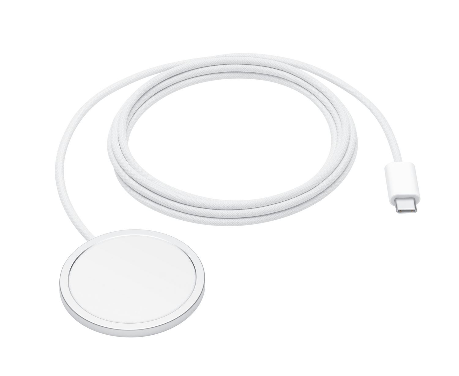 Cable de carga blanco con conector USB-C y cargador magnético redondo.