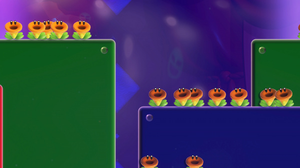 Pomarańczowe stworzenia na zielonych i niebieskich platformach w fioletowym świecie.