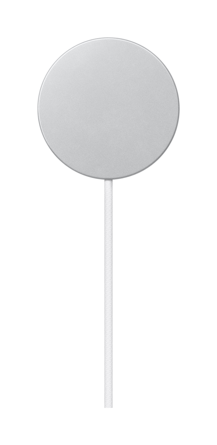 Un cargador redondo plateado con cable blanco.