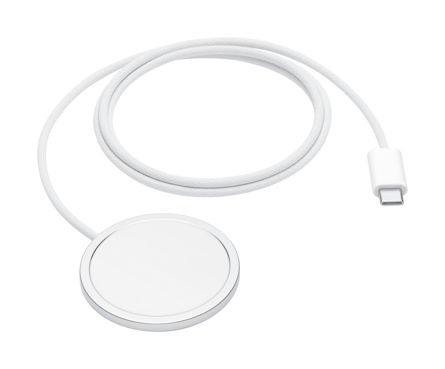 Un cable de carga blanco con conector USB-C y disco de carga magnético.