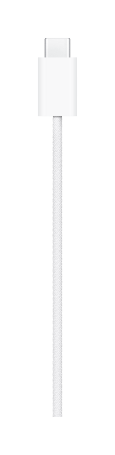 Un cable USB-C blanco con conector plateado, mostrado en detalle.