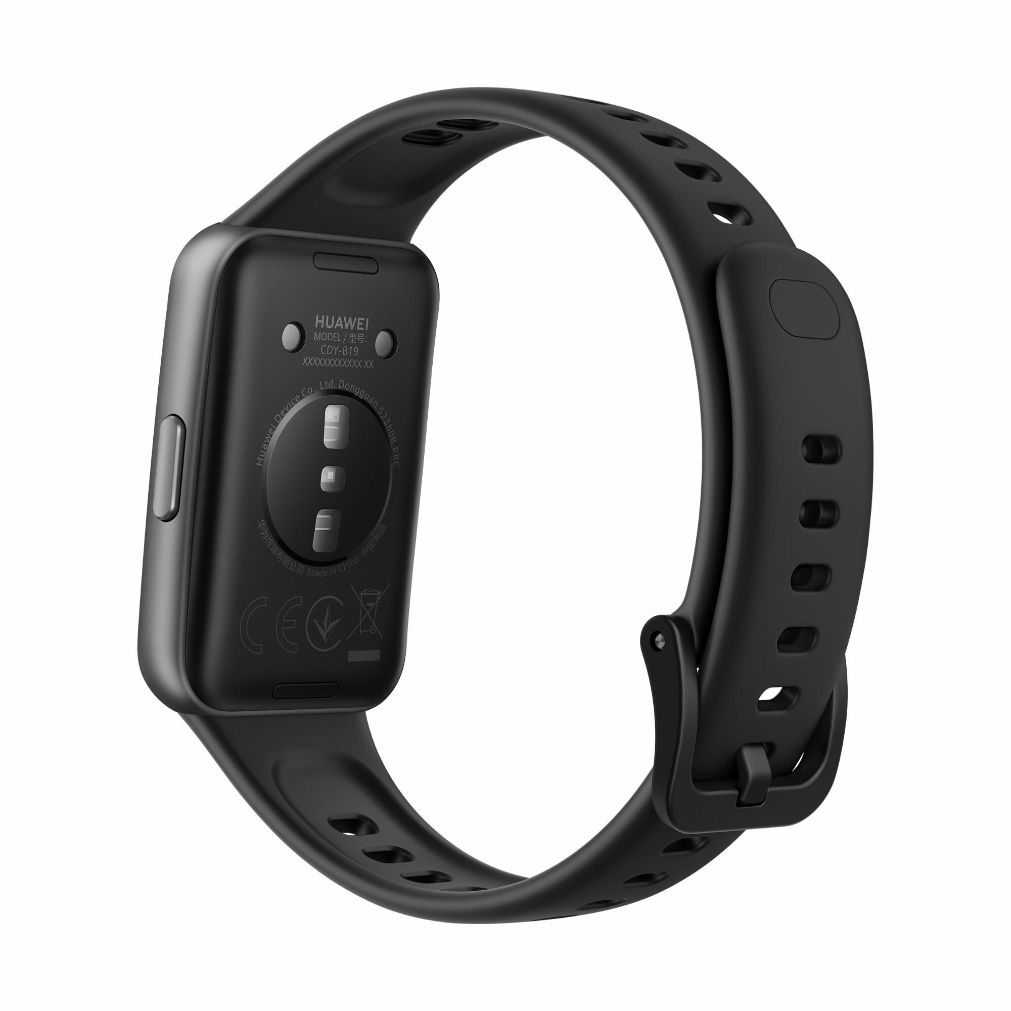 Ein schwarzes Huawei Fitness-Armband mit Ladekontakten und Modellnummer.