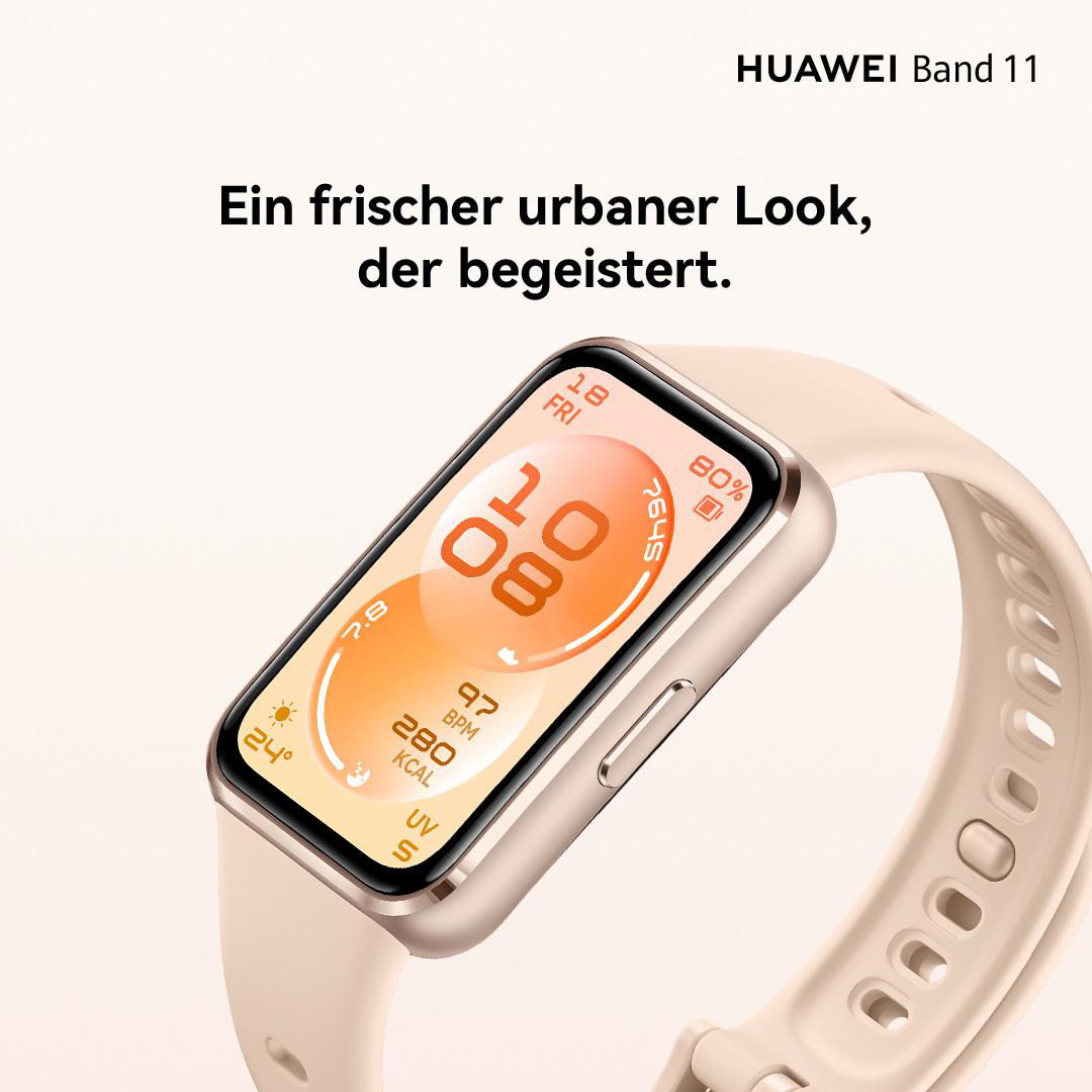 Ein hellbeiges Huawei Band 11 mit einem Touchscreen, der Uhrzeit und Gesundheitsdaten anzeigt.