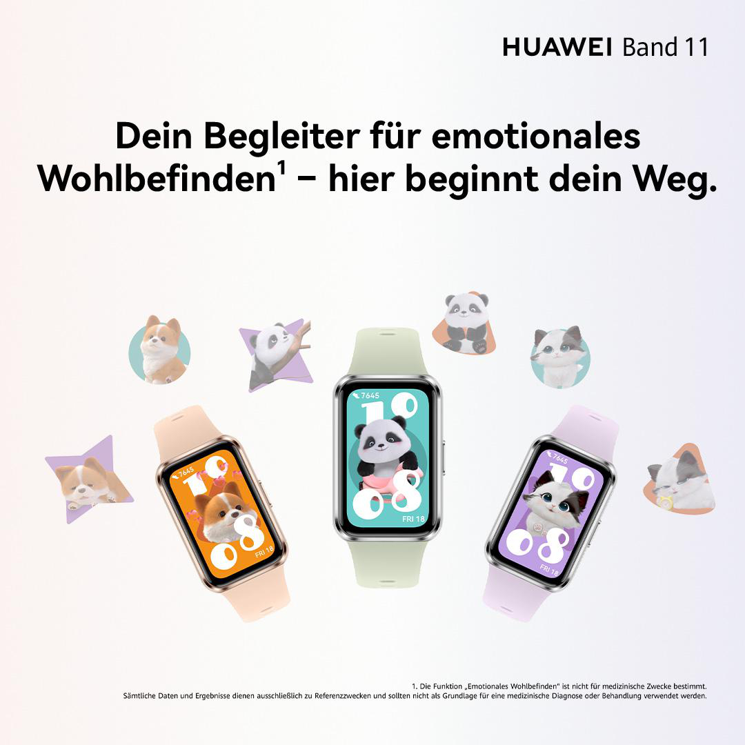 Drei Huawei Band 11 Uhren mit Tier-Zifferblättern, umgeben von kleinen Tierbildern.