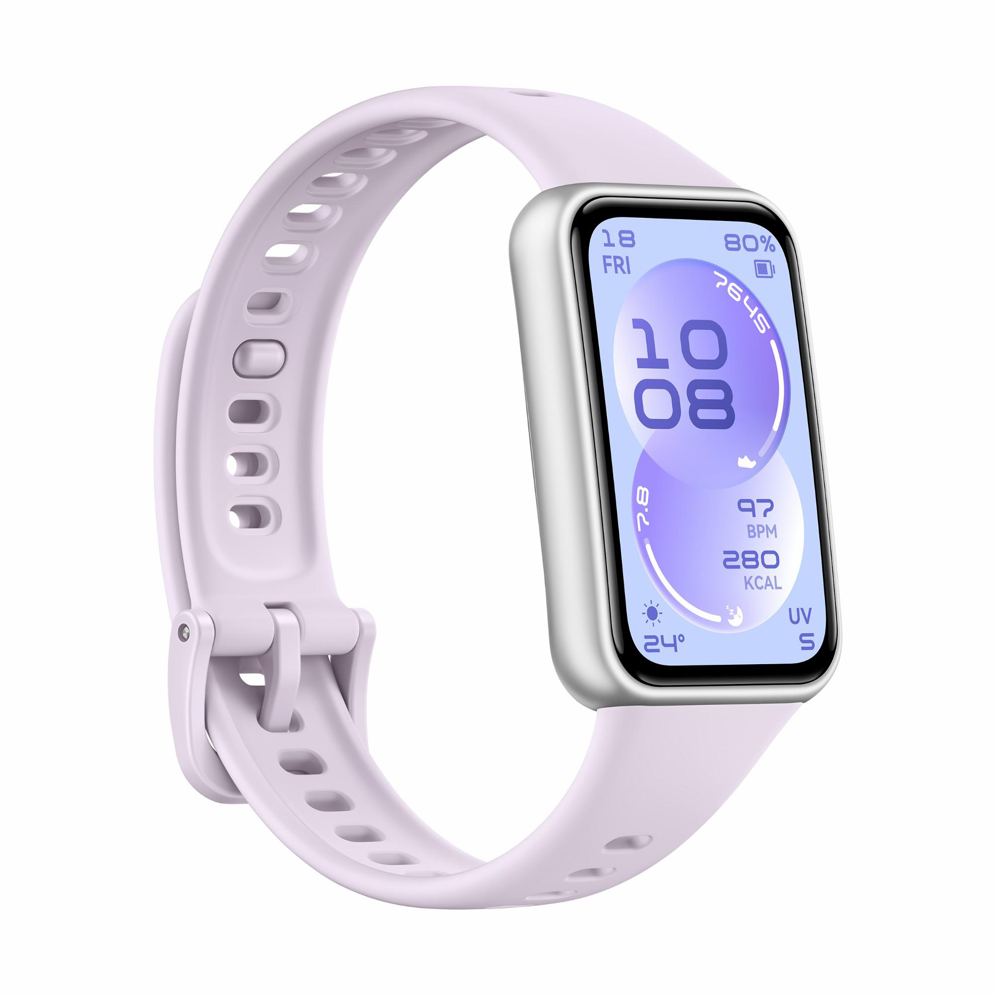 Ein hellviolettes Smartwatch-Armband mit silbernem Gehäuse und einem Bildschirm, der Uhrzeit, Datum und Gesundheitsdaten anzeigt.