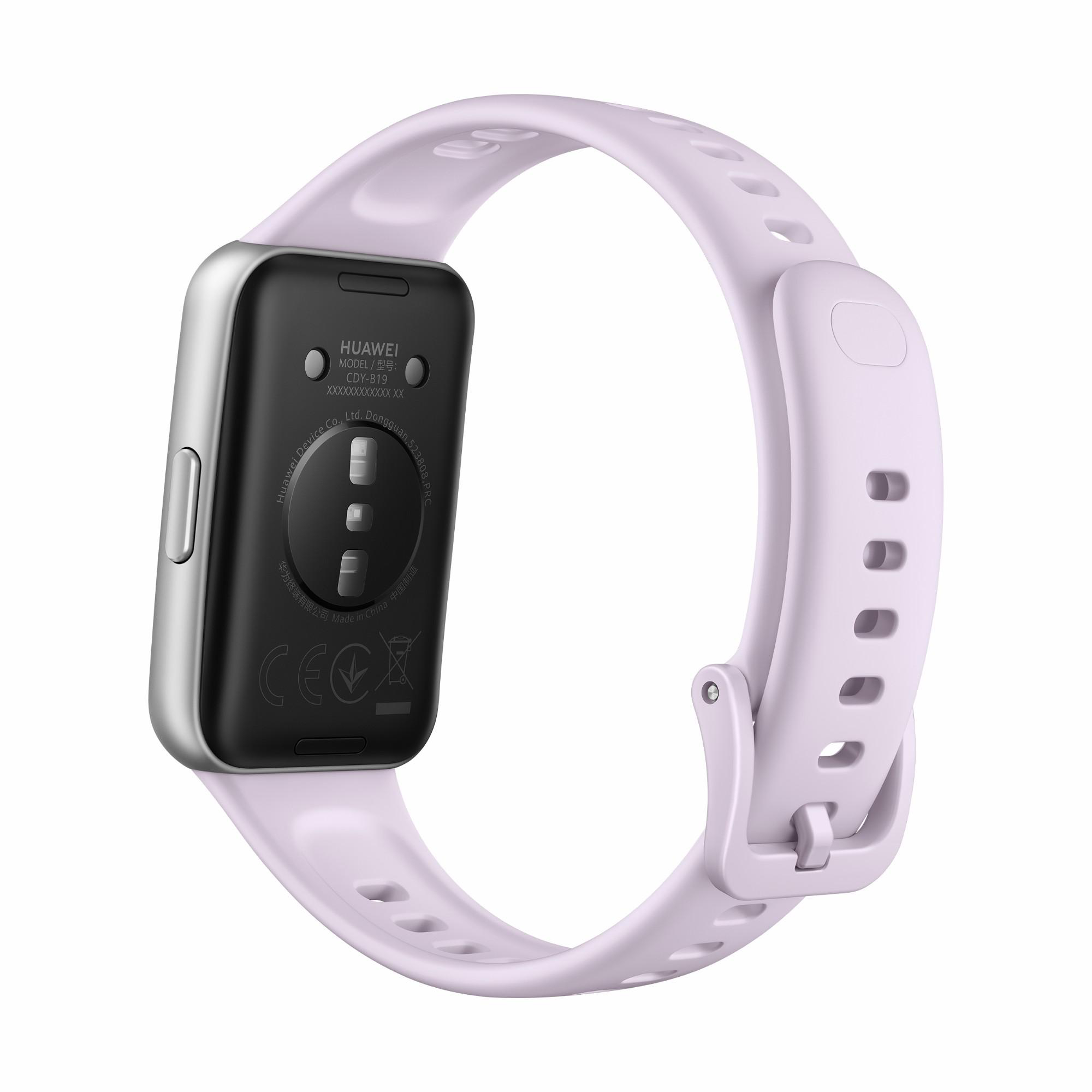 Rückseite eines fliederfarbenen Huawei Band B19 Fitness-Trackers mit silbernem Rahmen.