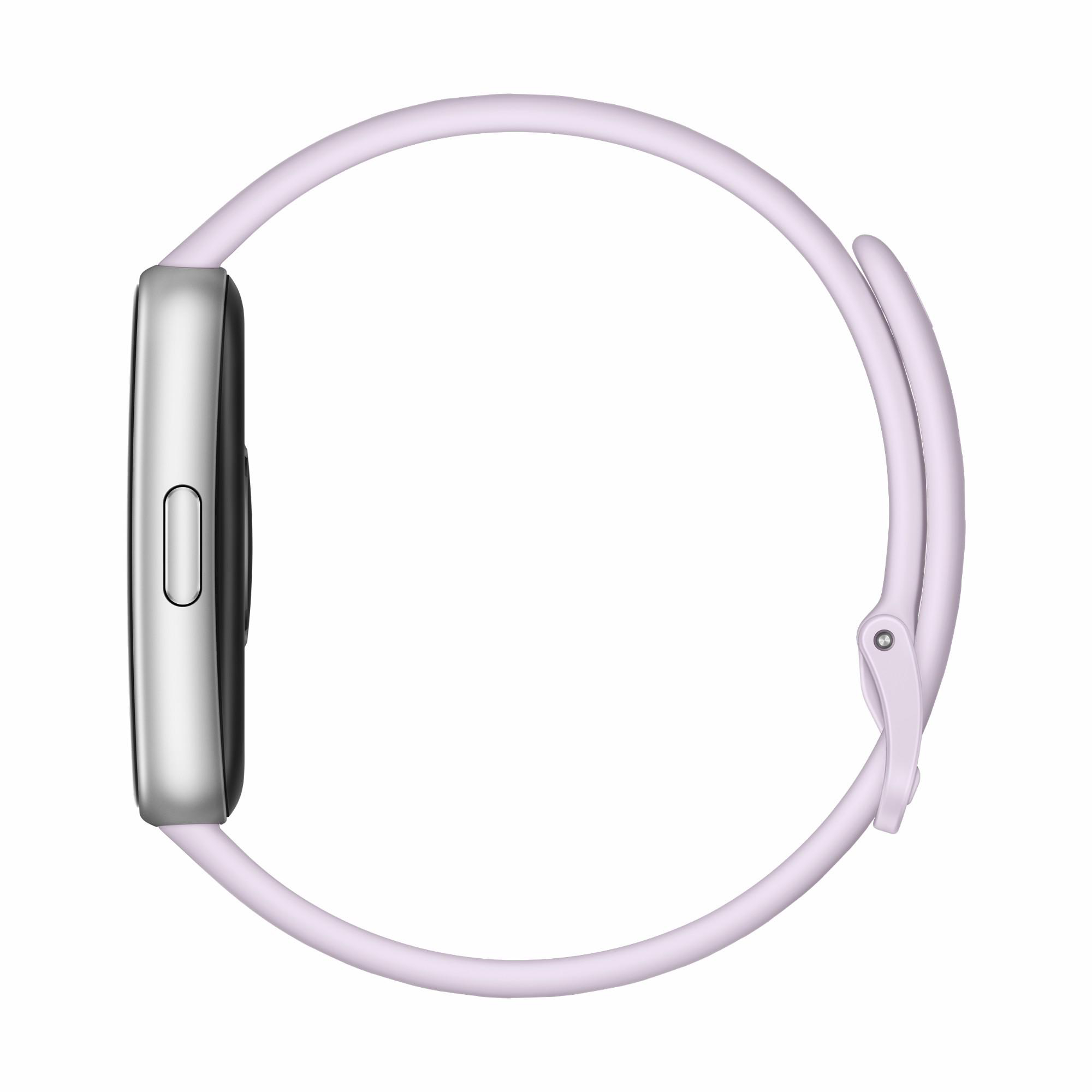 Ein silbernes Smartwatch-Gehäuse mit einem hellvioletten Armband auf weißem Hintergrund.