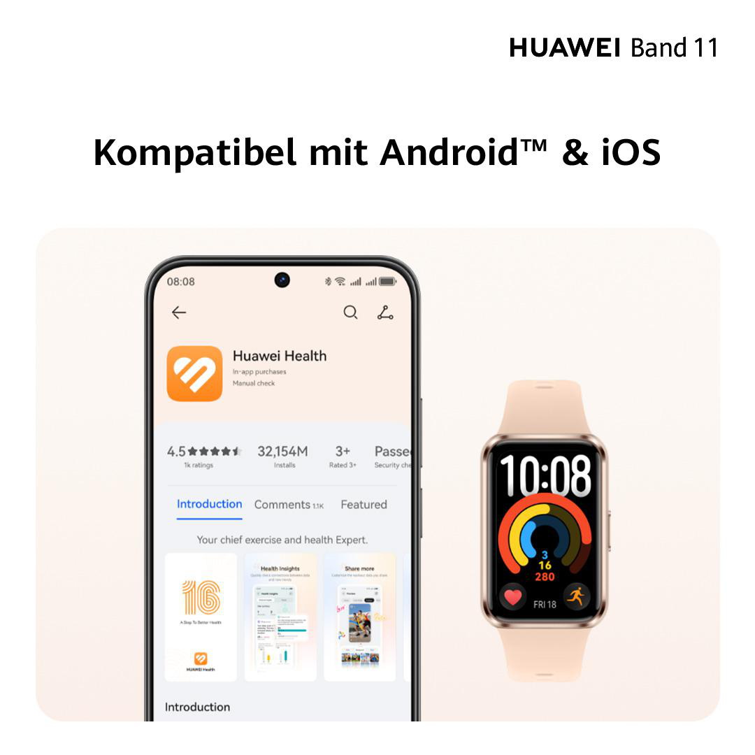 Huawei Health App auf einem Handy und ein Huawei Band 11.