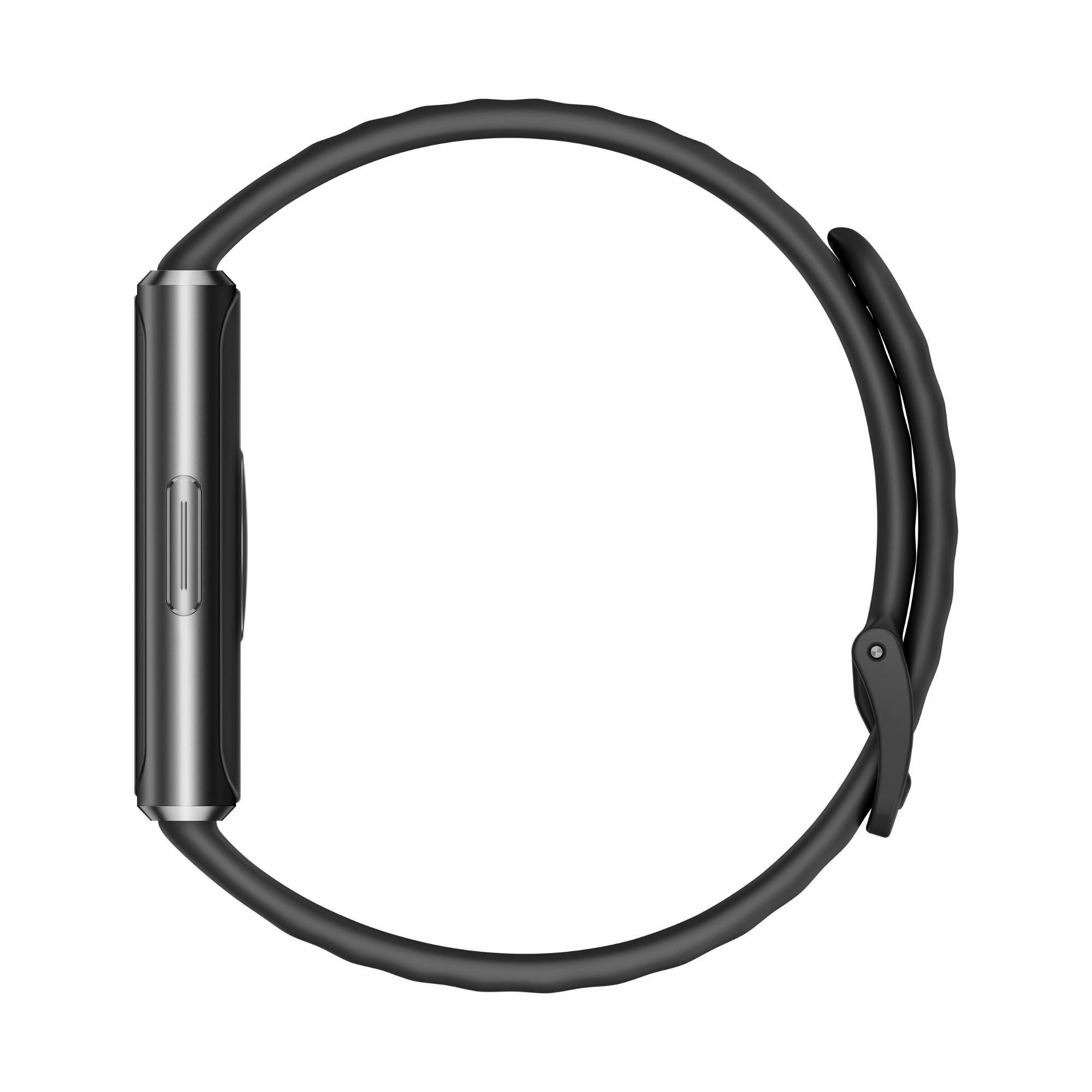 Ein schwarzes, modernes Smartwatch-Armband mit einem schmalen Gehäuse und einer Taste.