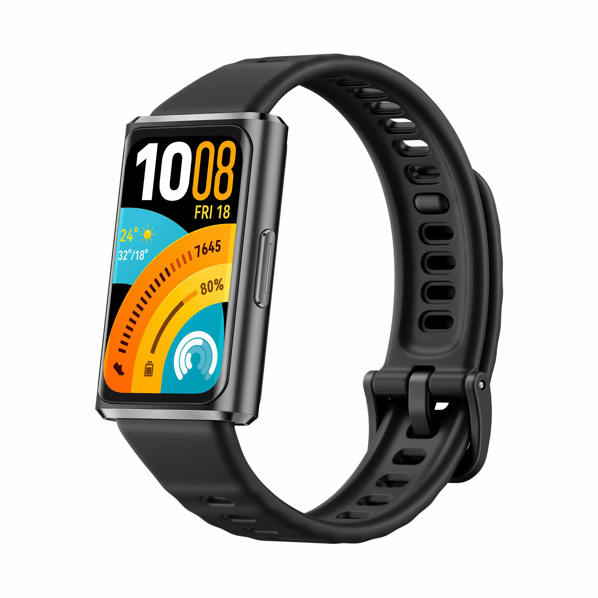Schwarzes Fitnessarmband mit rechteckigem Display, zeigt 10:08 Uhr, Fri 18.