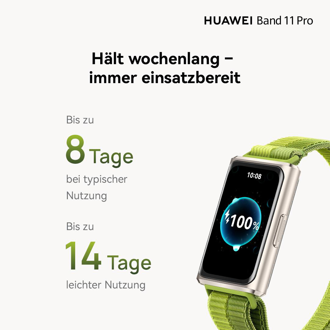 HUAWEI Band 11 Pro mit grünen Armband, zeigt 100% Akku an.