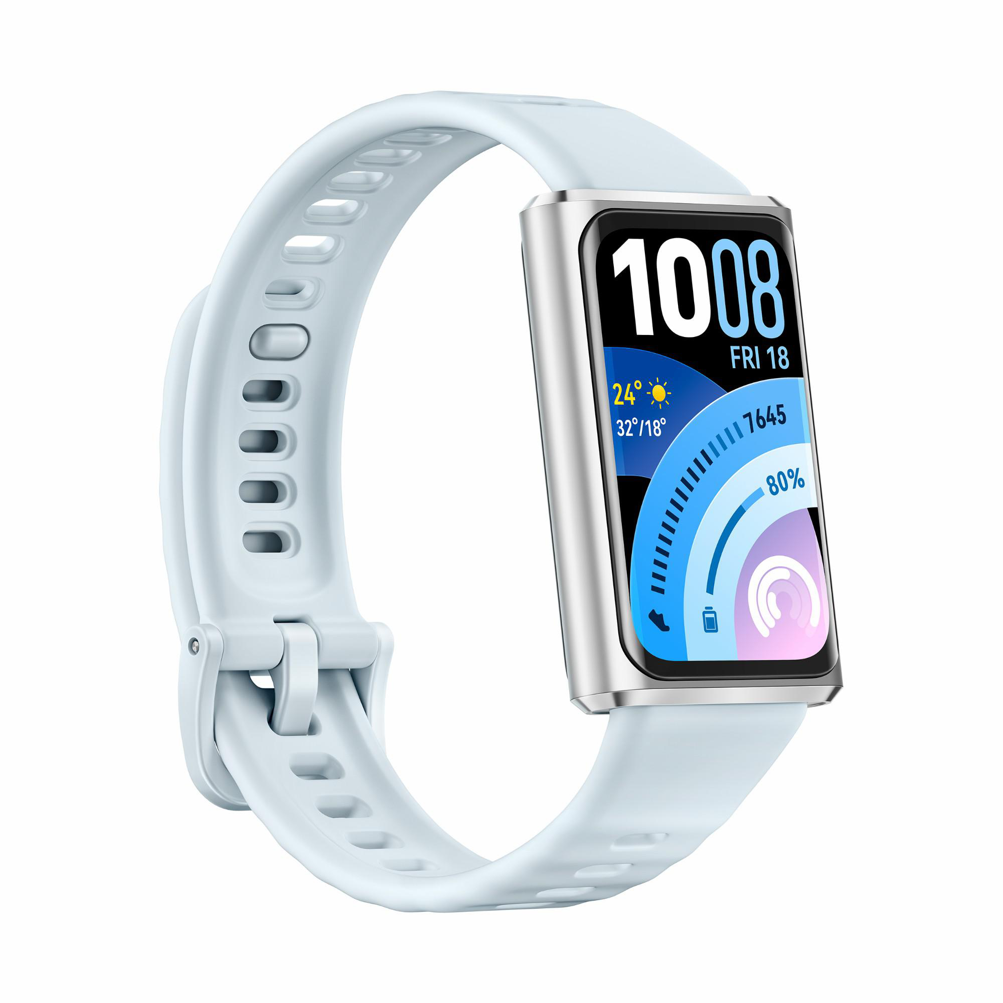Ein hellblaues Fitnessarmband mit silbernem Rahmen und einem Bildschirm, der Zeit, Wetter und 80% Akku anzeigt.