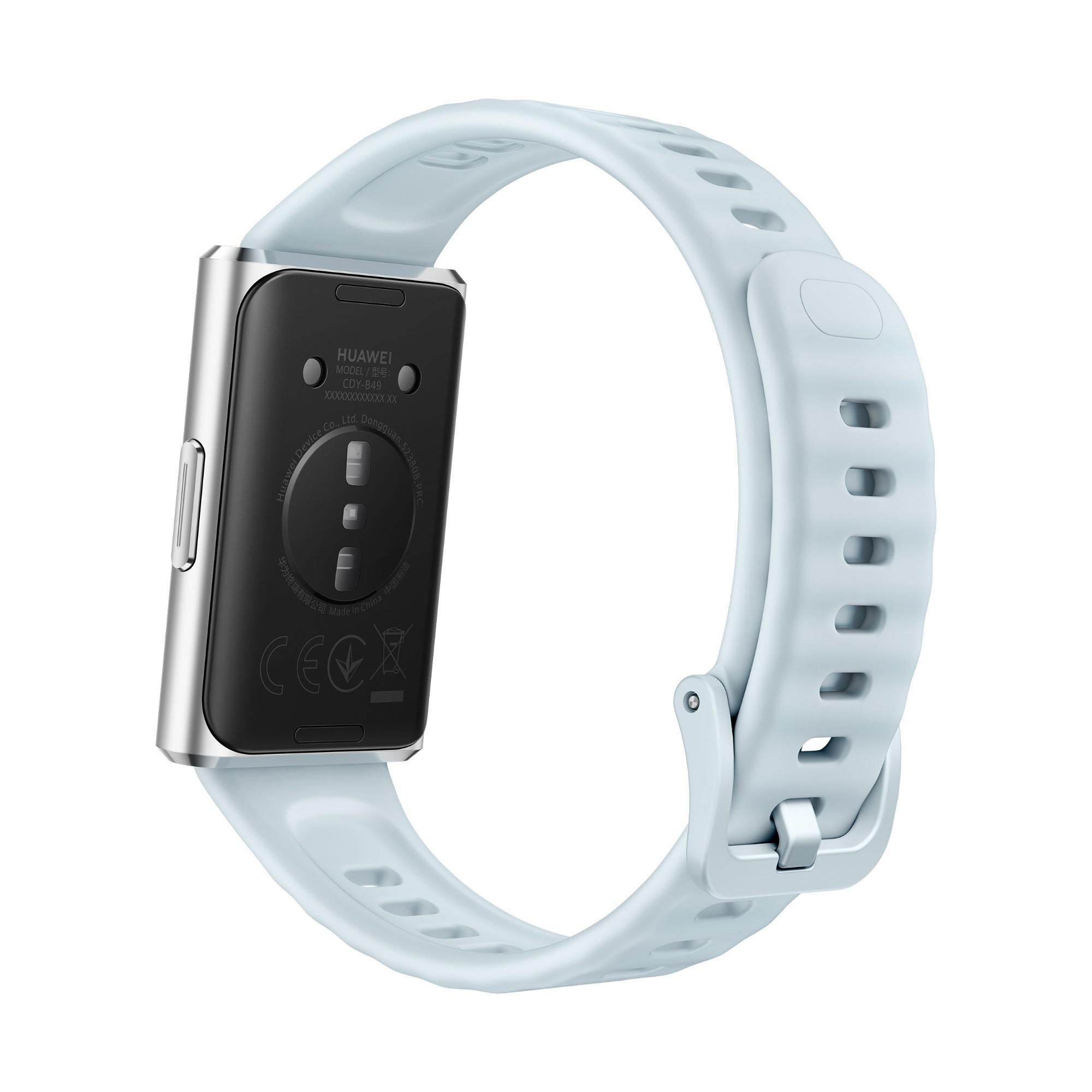 Huawei Fitness-Tracker mit hellem Armband, Rückseite zeigt Modellinfos.