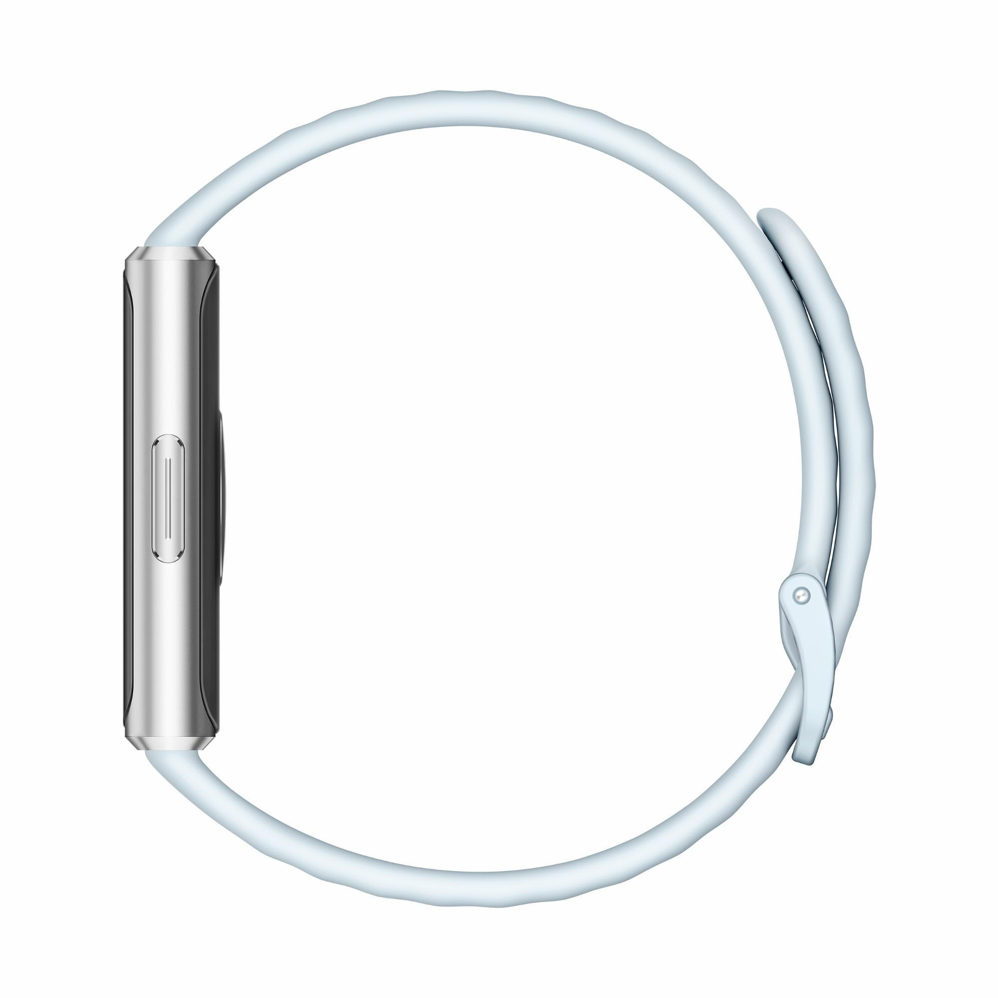 Silbernes Smartwatch-Gehäuse mit hellem Band, von der Seite gesehen.