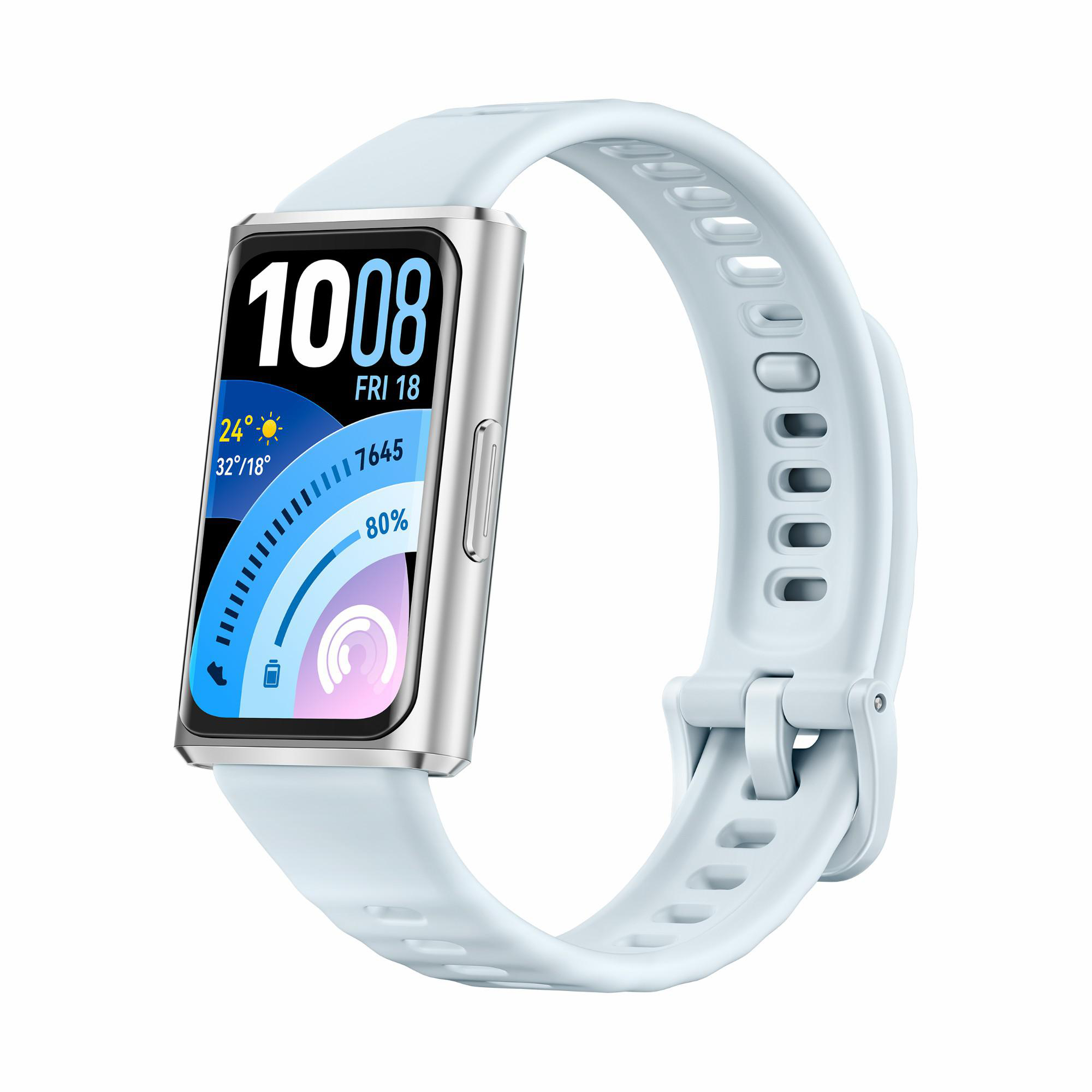 Ein hellblaues Smartband mit silbernem Rahmen auf weißem Hintergrund.
