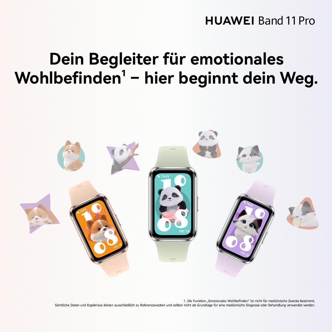 Drei Huawei Band 11 Pro Smartwatches mit Tier-Zifferblättern, umgeben von niedlichen Tier-Icons.
