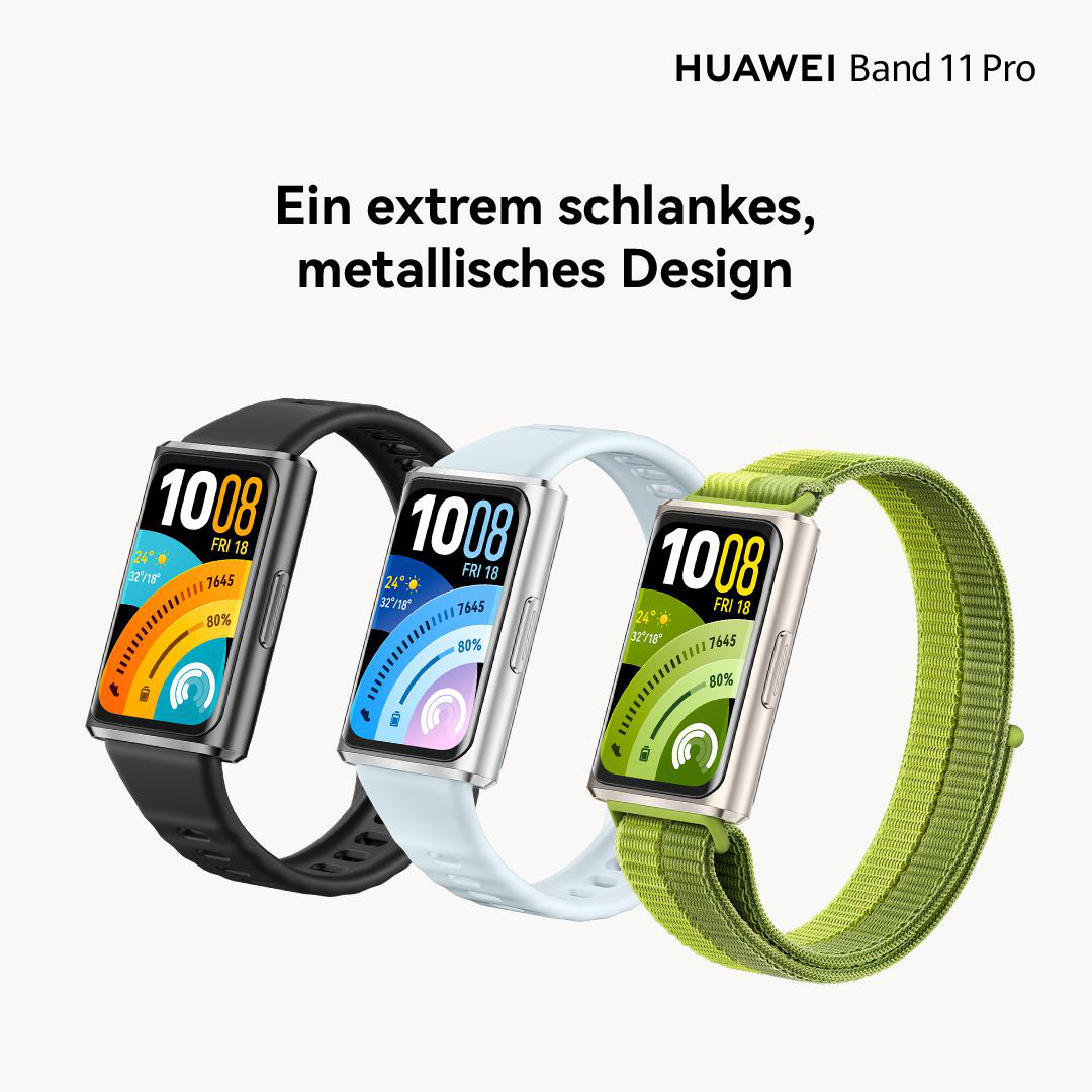 Drei Huawei Band 11 Pro Smartwatches in Schwarz, Weiß und Grün auf hellem Hintergrund.