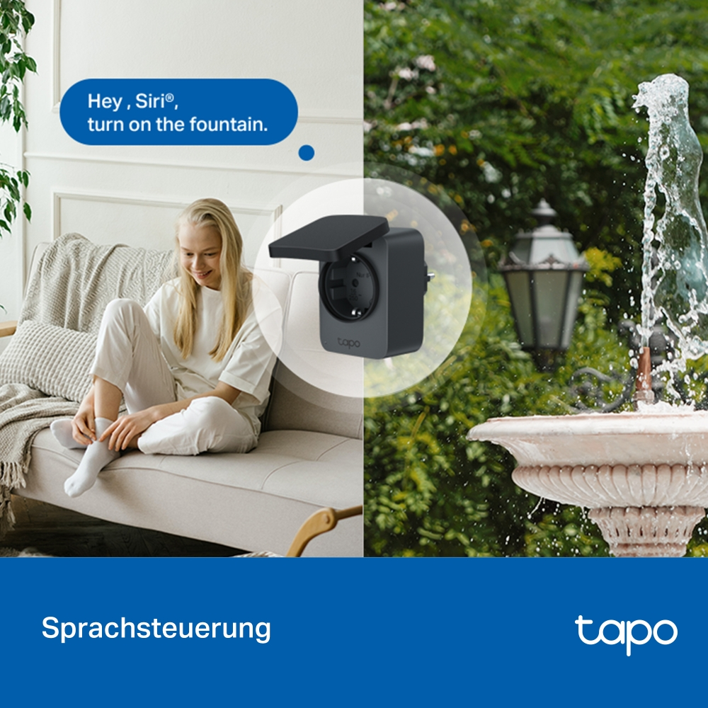 Frau auf Sofa sagt Siri, sie soll den Brunnen einschalten. Tapo-Stecker.