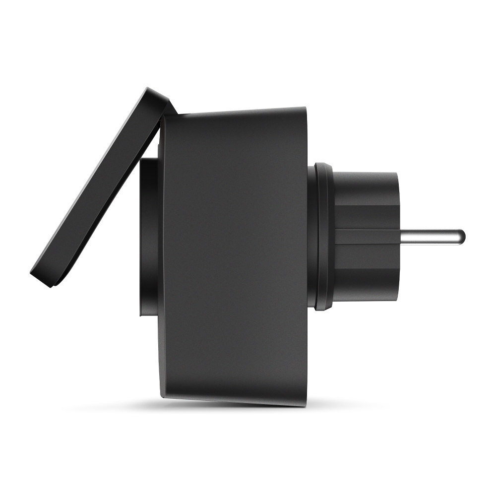 Ein schwarzer Steckeradapter mit offenem Deckel und einem Stift.