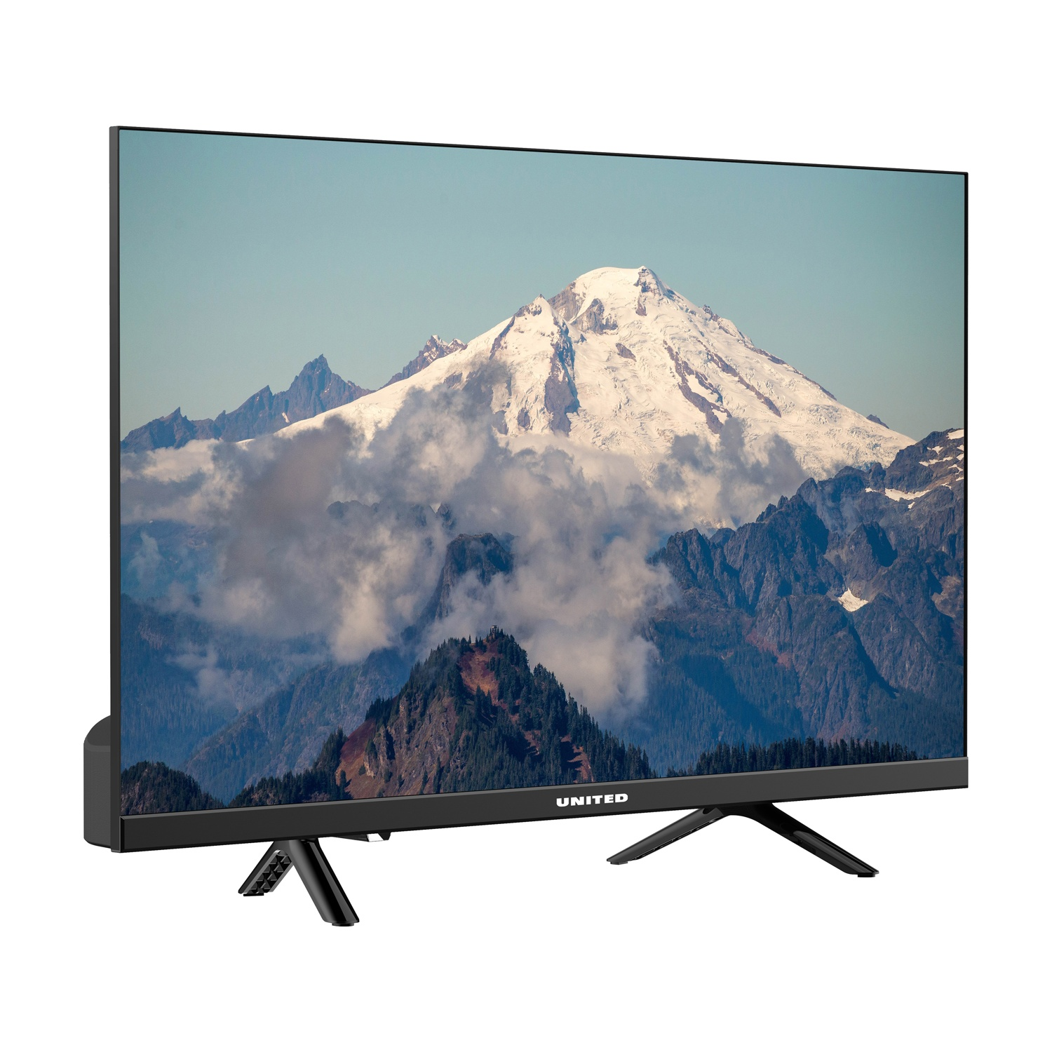 Un TV a schermo piatto mostra una maestosa vetta montuosa innevata.