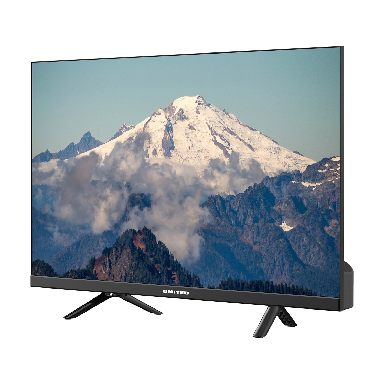 Una TV moderna mostra un paesaggio montano con nuvole e neve.