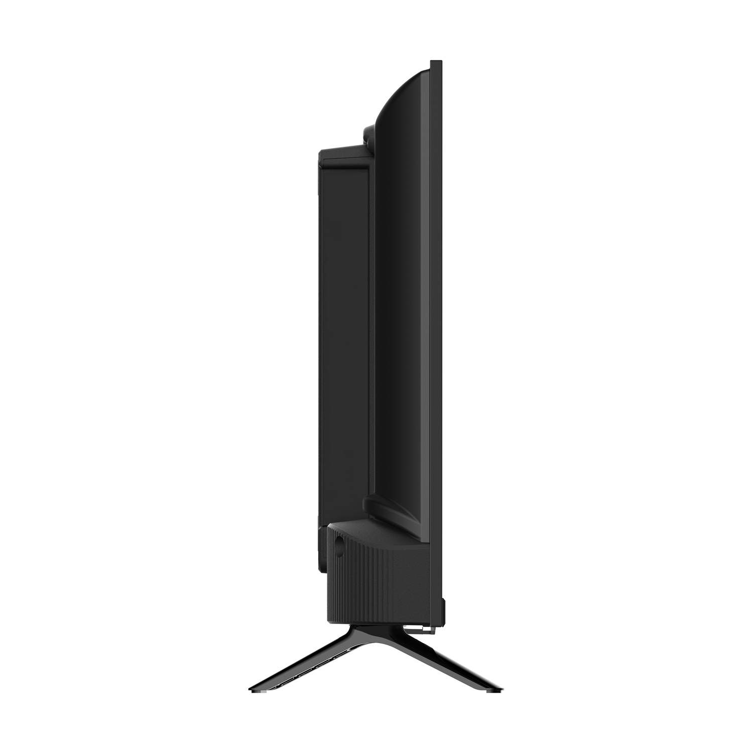 TV nero a schermo piatto con cornice stretta, visto di lato su un supporto.