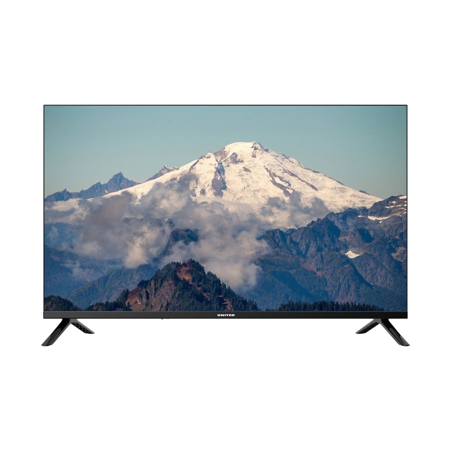 Uno schermo TV mostra montagne innevate e nuvole.