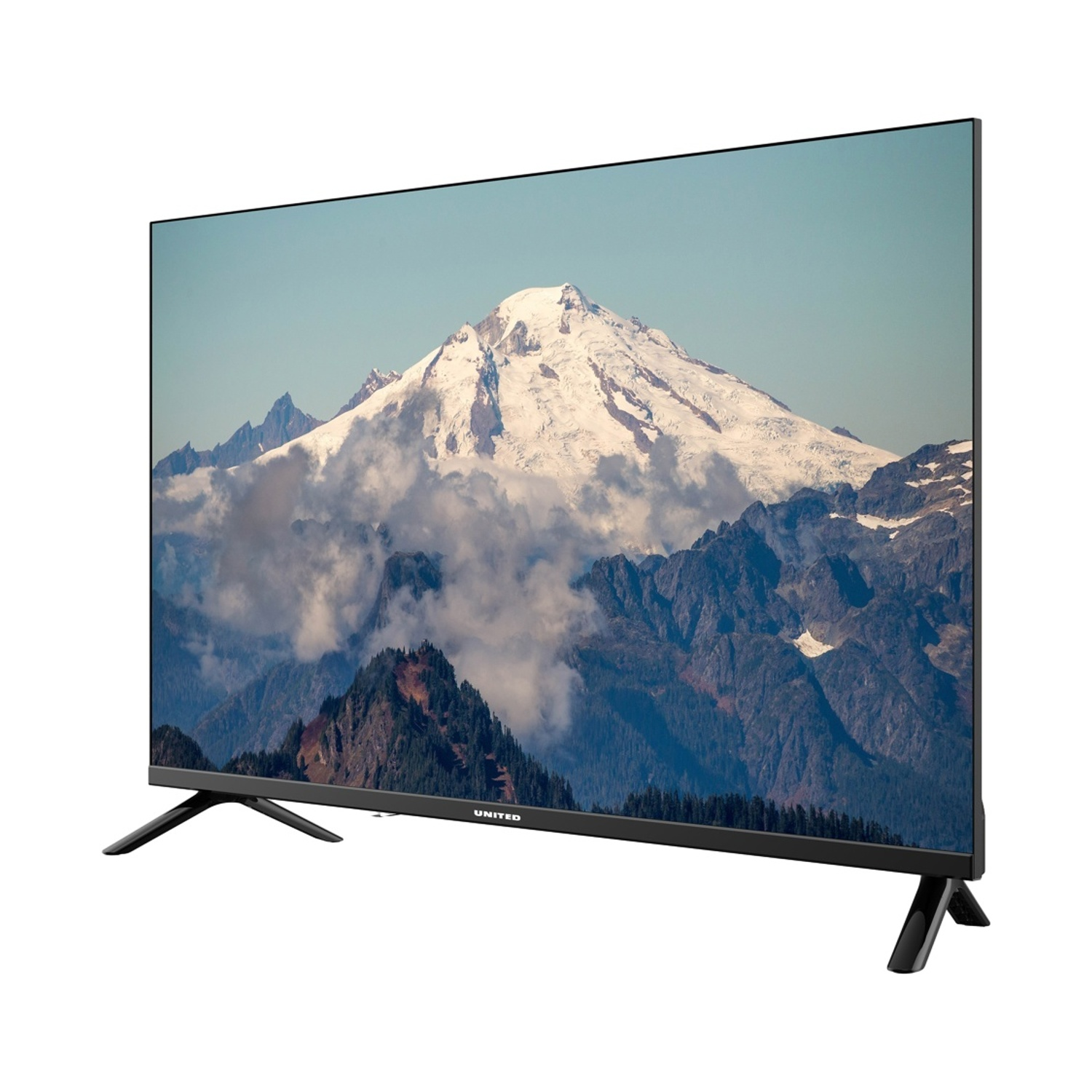 Una TV moderna a schermo piatto mostra un paesaggio montano.