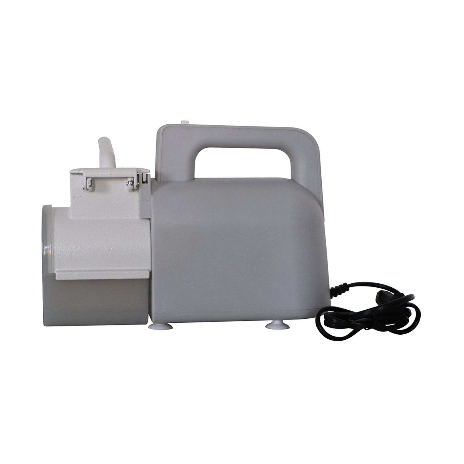 Compressore portatile grigio e bianco con manico e cavo.