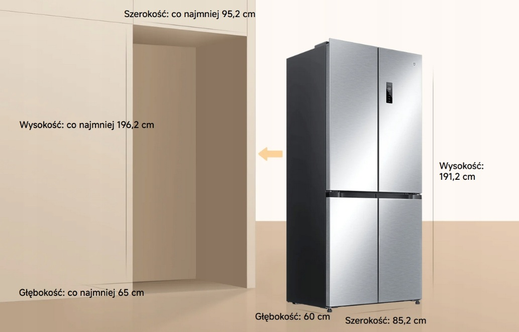 Srebrna lodówka czterodrzwiowa obok wnęki. Podano wymiary.