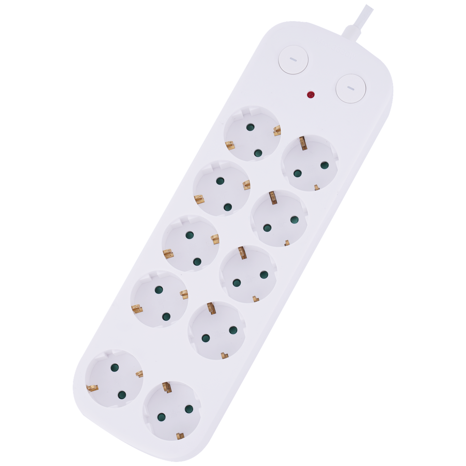 Een witte stekkerdoos met acht stopcontacten en twee schakelaars.