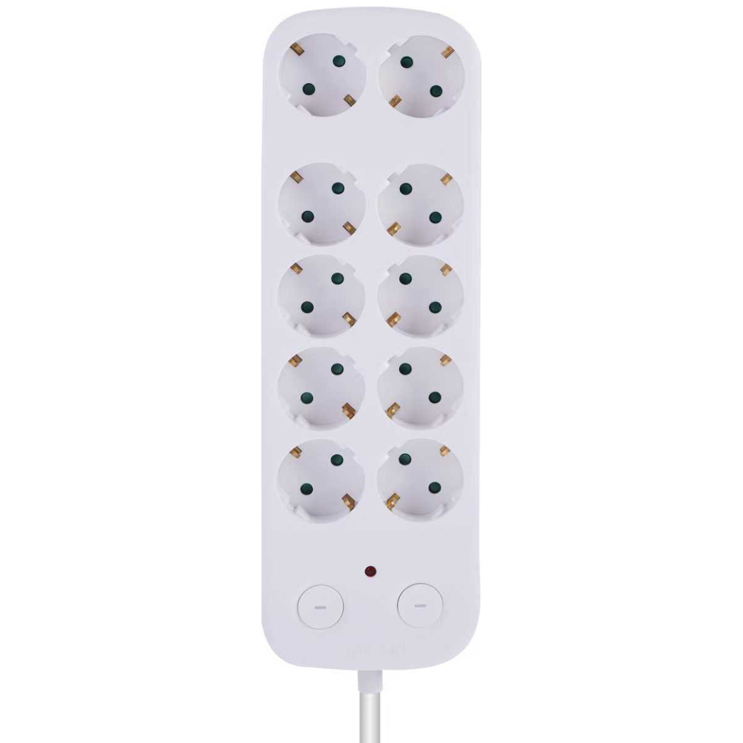 Een witte stekkerdoos met tien stopcontacten en twee schakelaars.